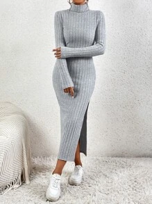 SHEIN Frenchy Turtleneck Split Thigh Ribbed Knit Dress - Light Grey - View 3