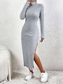 SHEIN Frenchy Turtleneck Split Thigh Ribbed Knit Dress - Light Grey - View 4