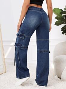 Flap Pocket Side Cargo Jeans - Dark Wash - View 3