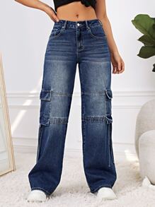 Flap Pocket Side Cargo Jeans - Dark Wash - View 1