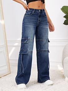Flap Pocket Side Cargo Jeans - Dark Wash - View 4