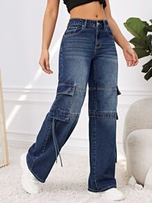 Flap Pocket Side Cargo Jeans - Dark Wash - View 5