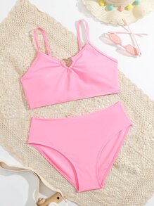 Teen Girls Solid Ring Linked Bikini Set Summer Beach - Pink - View 1