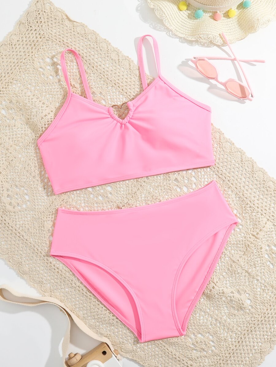 Teen Girls Solid Ring Linked Bikini Set Summer Beach - Pink - View 1