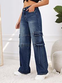 Flap Pocket Side Cargo Jeans - Dark Wash - View 6