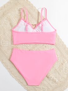 Teen Girls Solid Ring Linked Bikini Set Summer Beach - Pink - View 2