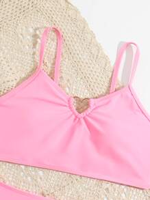 Teen Girls Solid Ring Linked Bikini Set Summer Beach - Pink - View 3