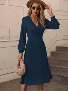 SHEIN Essnce V Neck Lantern Sleeve Split Thigh Dress - Navy Blue - View 4