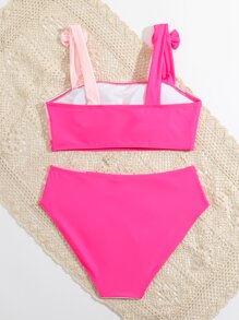 SHEIN Teen Girls Colorblock Bow Shoulder Bikini Set Summer Beach - Pink - View 2