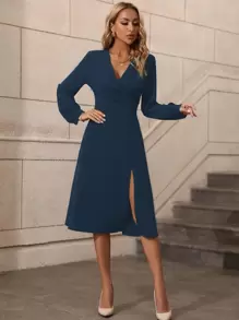 SHEIN Essnce V Neck Lantern Sleeve Split Thigh Dress - Navy Blue - View 6