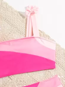 SHEIN Teen Girls Colorblock Bow Shoulder Bikini Set Summer Beach - Pink - View 3