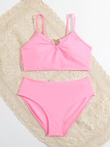 Teen Girls Solid Ring Linked Bikini Set Summer Beach - Pink - View 5