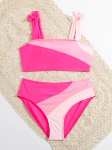 SHEIN Teen Girls Colorblock Bow Shoulder Bikini Set Summer Beach - Pink - View 5