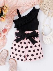 Toddler Girls Asymmetrical Neck Ruffle Trim Top & Polka Dot Print Shorts - Multicolor - View 3
