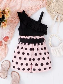 Toddler Girls Asymmetrical Neck Ruffle Trim Top & Polka Dot Print Shorts - Multicolor - View 2