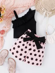 Toddler Girls Asymmetrical Neck Ruffle Trim Top & Polka Dot Print Shorts - Multicolor - View 1