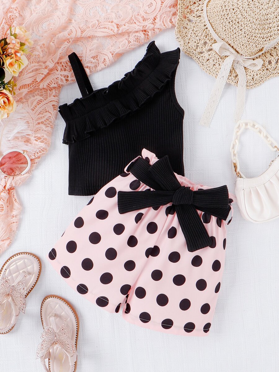 Toddler Girls Asymmetrical Neck Ruffle Trim Top & Polka Dot Print Shorts - Multicolor - View 1