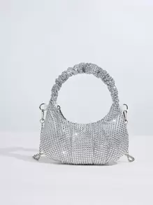 Glamorous Glitter Bling, Sequin, Luxury, Shiny Mini Rhinestone Decor Chain Ruched Bag Evening Bag, Dinner Bag Faux Pearl, Rhinestone For Party Girl, Woman, Bride Perfect For Party, Wedding, Prom, Dinner/Banquet, For - Silver - View 1