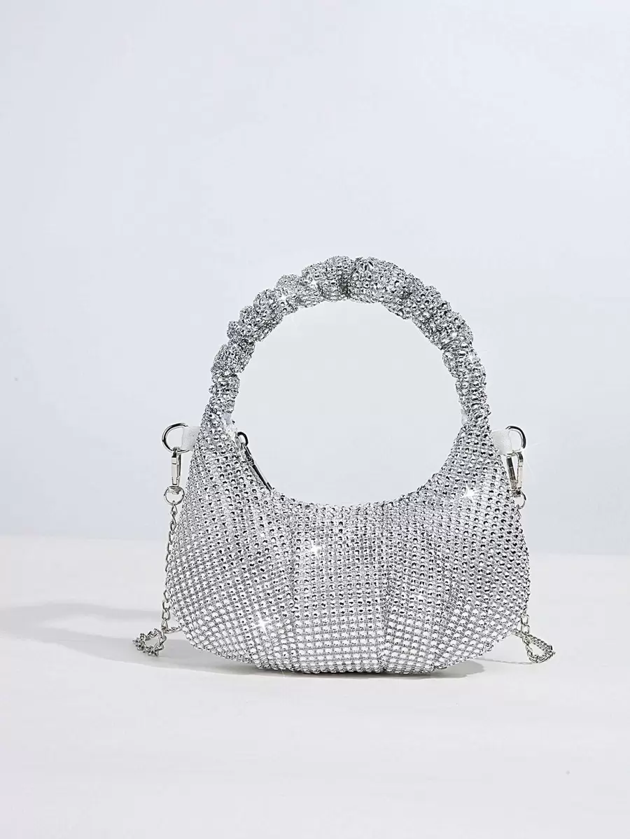 Glamorous Glitter Bling, Sequin, Luxury, Shiny Mini Rhinestone Decor Chain Ruched Bag Evening Bag, Dinner Bag Faux Pearl, Rhinestone For Party Girl, Woman, Bride Perfect For Party, Wedding, Prom, Dinner/Banquet, For - Silver - View 1