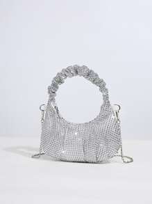 Glamorous Glitter Bling, Sequin, Luxury, Shiny Mini Rhinestone Decor Chain Ruched Bag Evening Bag, Dinner Bag Faux Pearl, Rhinestone For Party Girl, Woman, Bride Perfect For Party, Wedding, Prom, Dinner/Banquet, For - Silver - View 3