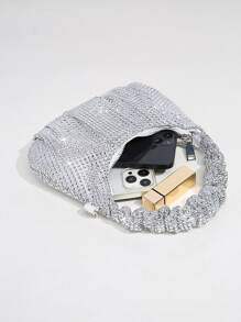 Glamorous Glitter Bling, Sequin, Luxury, Shiny Mini Rhinestone Decor Chain Ruched Bag Evening Bag, Dinner Bag Faux Pearl, Rhinestone For Party Girl, Woman, Bride Perfect For Party, Wedding, Prom, Dinner/Banquet, For - Silver - View 4