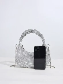 Glamorous Glitter Bling, Sequin, Luxury, Shiny Mini Rhinestone Decor Chain Ruched Bag Evening Bag, Dinner Bag Faux Pearl, Rhinestone For Party Girl, Woman, Bride Perfect For Party, Wedding, Prom, Dinner/Banquet, For - Silver - View 5