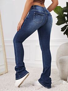 SHEIN EZwear Bleach Wash Flare Leg Jeans - Dark Wash - View 2