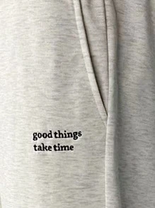 Claim Dot 宽松男士标语图案印花抽绳腰运动裤外出纯色字母休闲运动裤，适合丈夫、男友礼物 - 淺灰色 - 查看 3