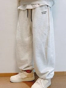 Claim Dot 宽松男士标语图案印花抽绳腰运动裤外出纯色字母休闲运动裤，适合丈夫、男友礼物 - 淺灰色 - 查看 4