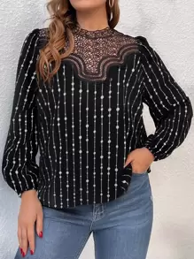 SHEIN LUNE Plus Geo & Striped Print Guipure Lace Insert Lantern Sleeve Blouse - Black - View 1