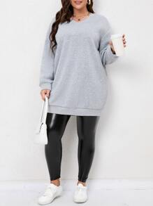 Calvaya Plus Pearls Beaded Drop Shoulder Sweatshirt - Light Grey - View 3