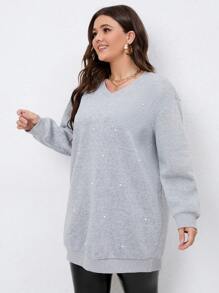 Calvaya Plus Pearls Beaded Drop Shoulder Sweatshirt - Light Grey - View 4
