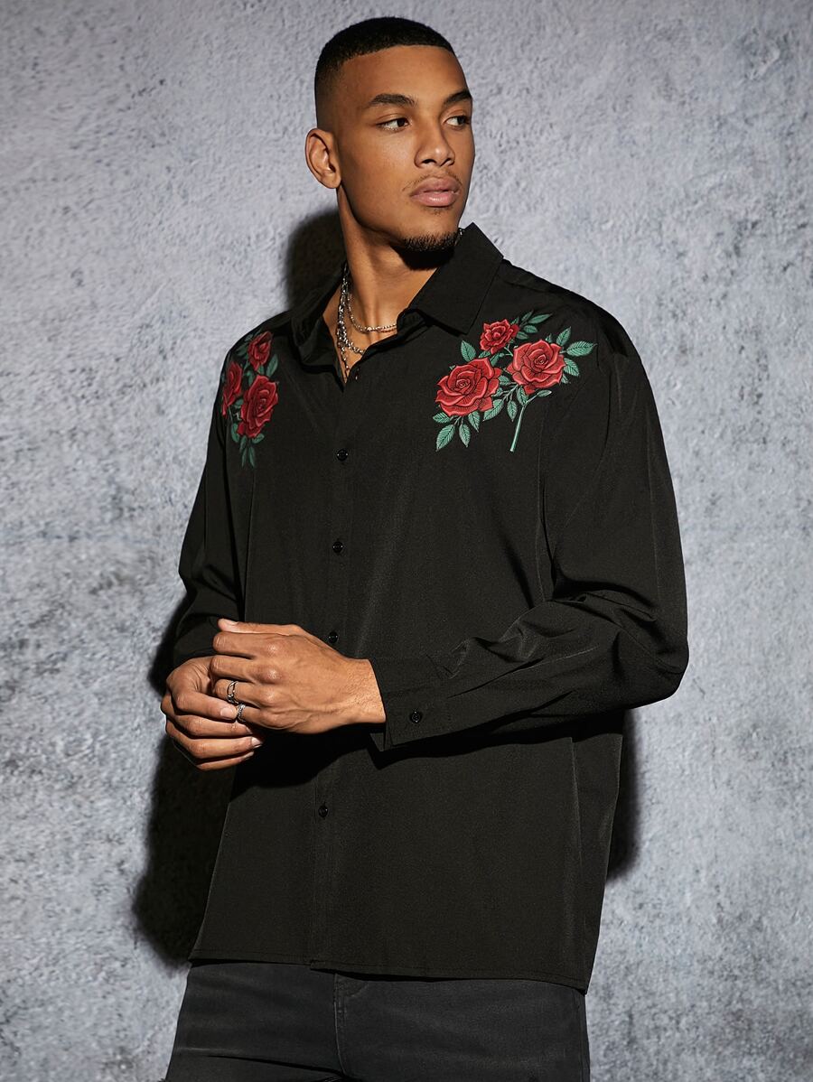 Manfinity Men Floral Print Drop Shoulder Shirt - Black - View 1