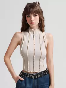 SHEIN MOD Lettuce Trim Mock Neck Tank Top - Beige - View 1