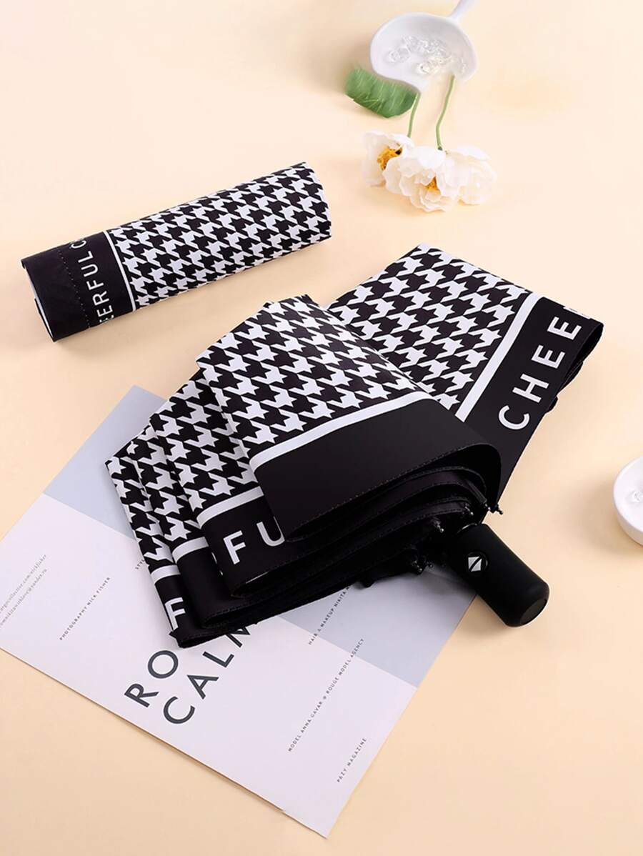 1入組千鳥格和字母圖案自動雨傘 - 黑與白 - 查看 1