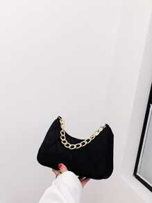 Màu thuần Chần Chi tiết Chuỗi Túi Hobo Đối với - màu đen - Xem 6