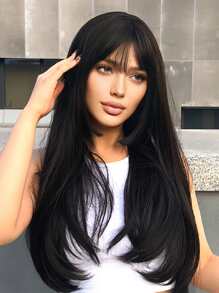 Natural Long Straight Synthetic Wig With Bangs - Black - View 1
