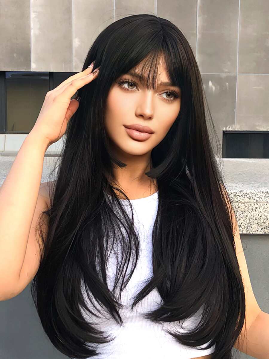Natural Long Straight Synthetic Wig With Bangs - Black - View 1