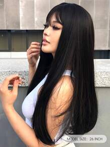 Natural Long Straight Synthetic Wig With Bangs - Black - View 3