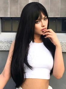 Natural Long Straight Synthetic Wig With Bangs - Black - View 4