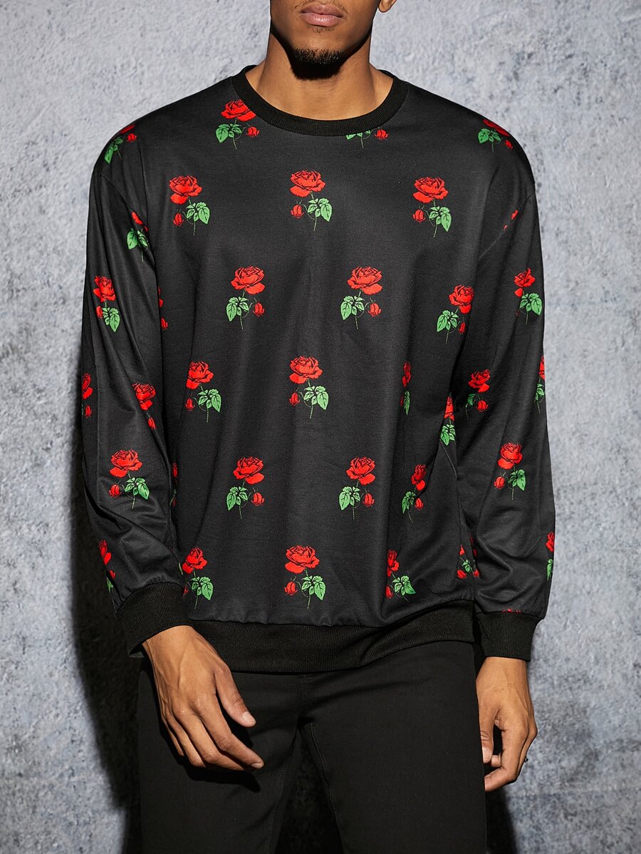 Manfinity Men Rose Print Sweatshirt - Black - View 1