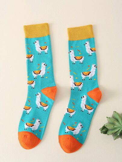 Cartoon Alpaca Pattern Crew Socks