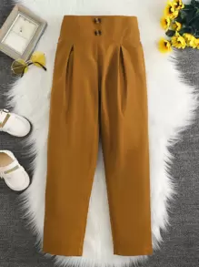 Girls Fold Pleated Detail Button Front Trousers - Brown - View 1