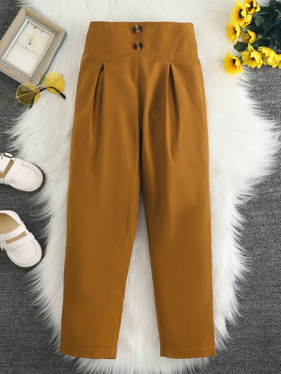 Girls Fold Pleated Detail Button Front Trousers - Brown - View 1
