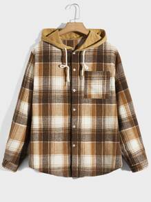 ROMWE MEN Guys Plaid Print Drawstring Hooded Shirt - Multicolor - View 1