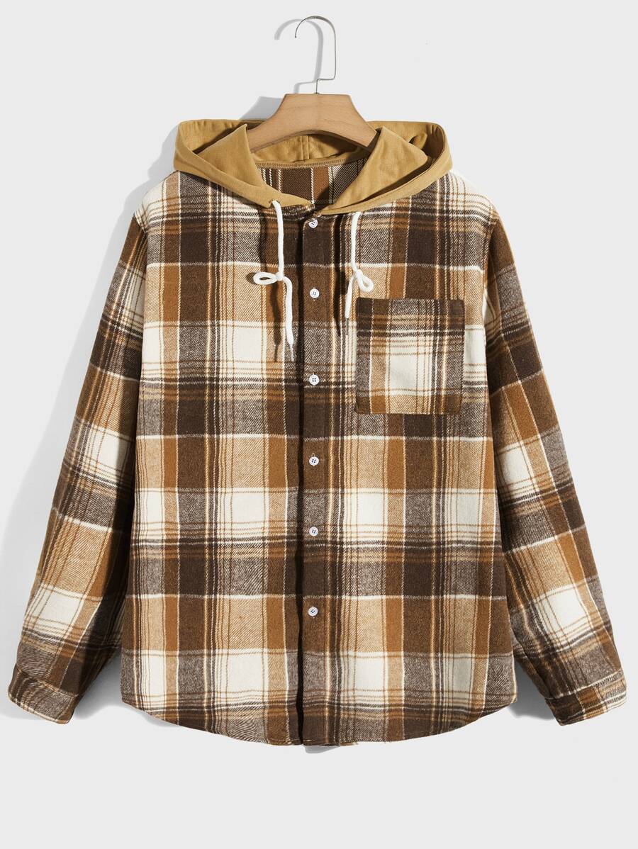 ROMWE MEN Guys Plaid Print Drawstring Hooded Shirt - Multicolor - View 1