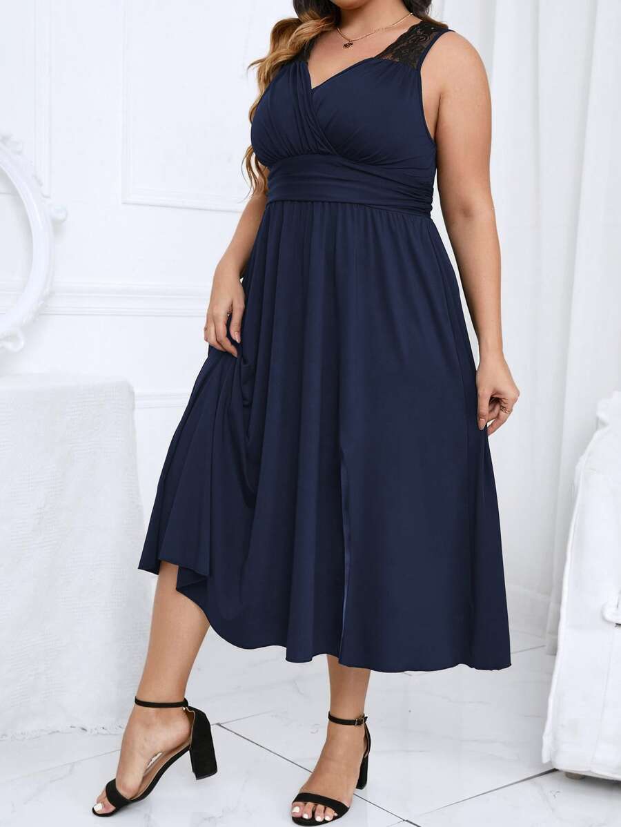 SHEIN LUNE Plus Lace Insert Split Thigh Ruched Dress - Navy Blue - View 1