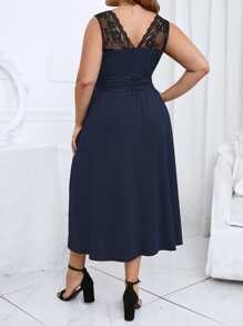 SHEIN LUNE Plus Lace Insert Split Thigh Ruched Dress - Navy Blue - View 2