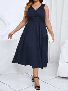 SHEIN LUNE Plus Lace Insert Split Thigh Ruched Dress - Navy Blue - View 3
