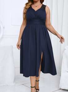 SHEIN LUNE Plus Lace Insert Split Thigh Ruched Dress - Navy Blue - View 4